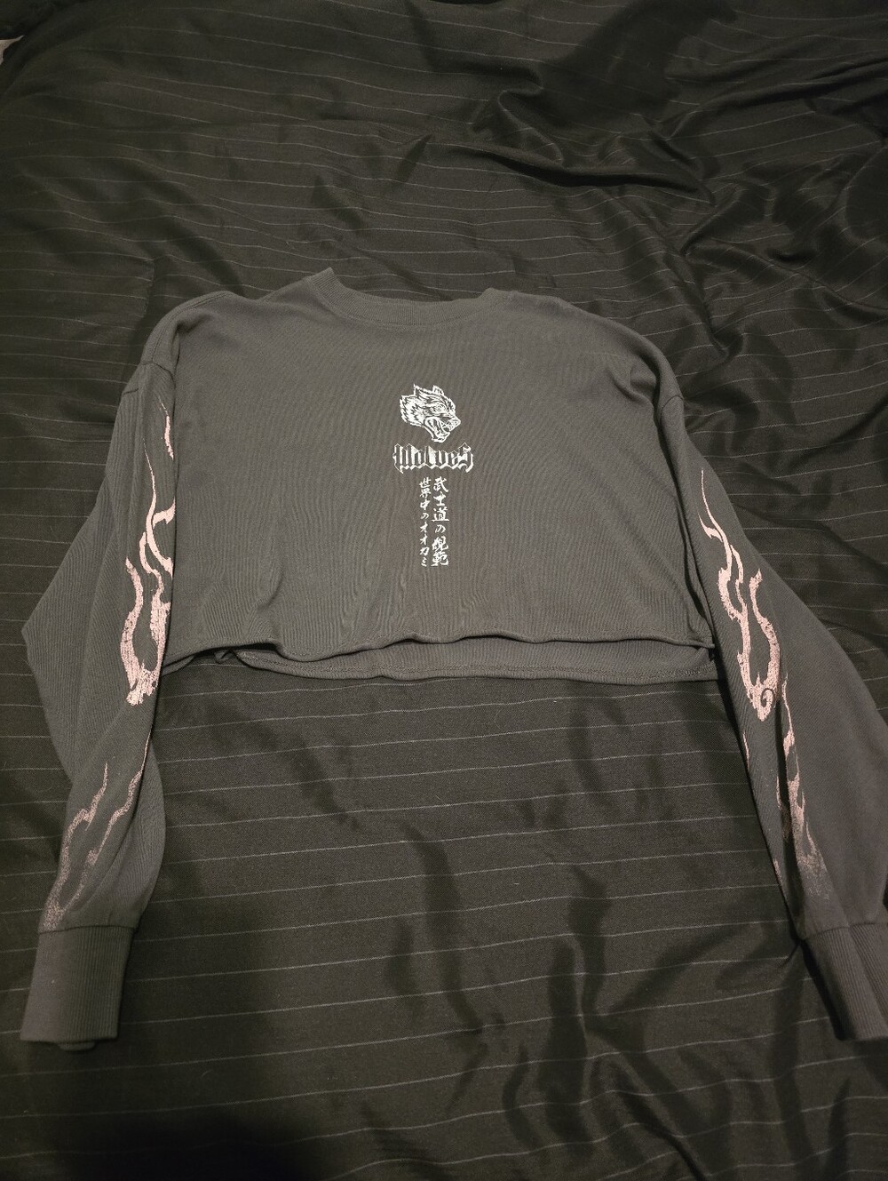 Cropped Gray Long Sleeve Top with Pink Flame Sleeves